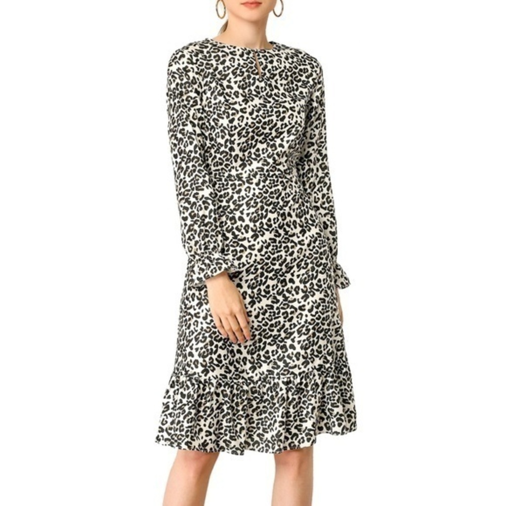 Elegant Black and White Leopard Print Midi Dress